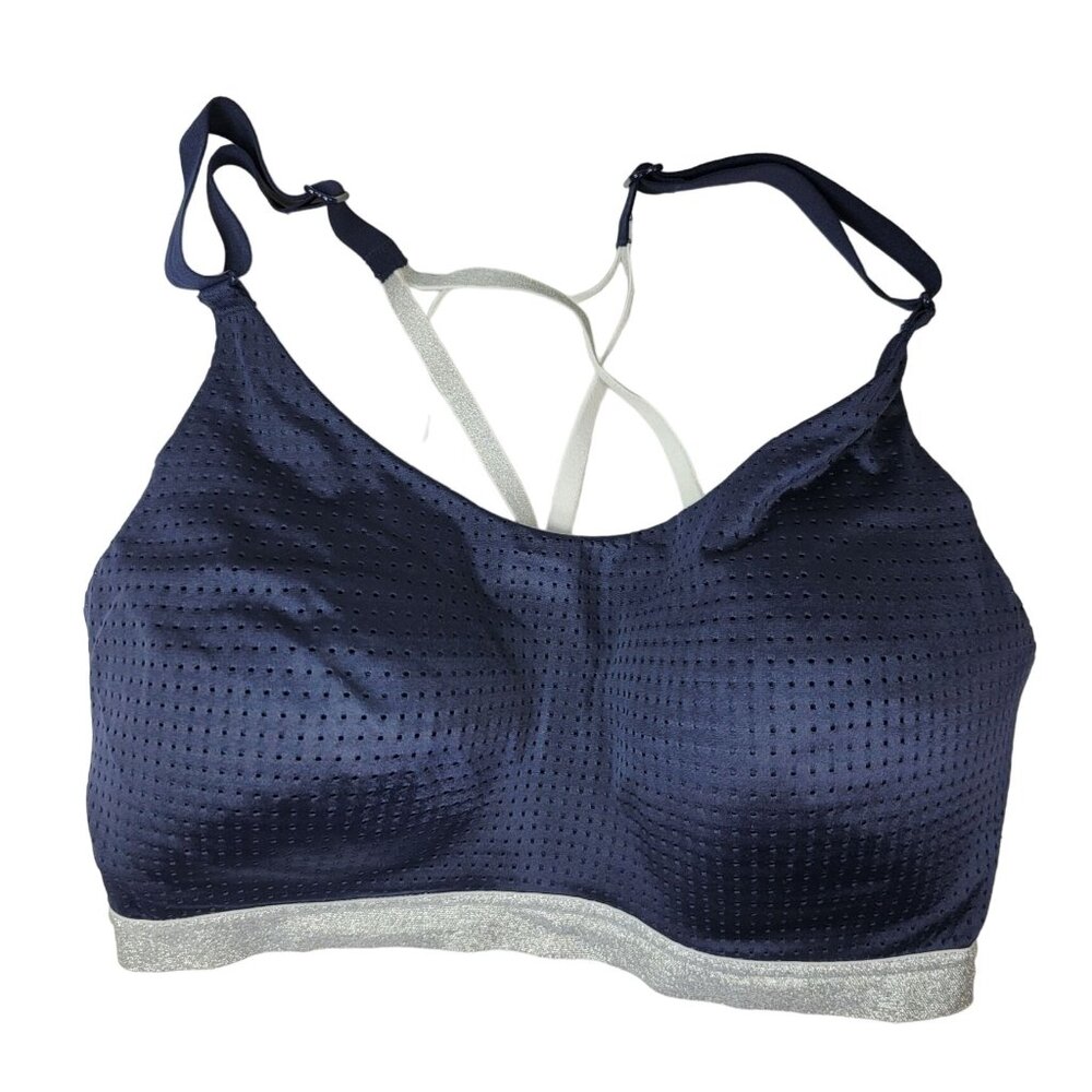 Victoria's Secret Sport Bra Blue Silver 32DD Strap Adj Mesh Lightweight Pullover